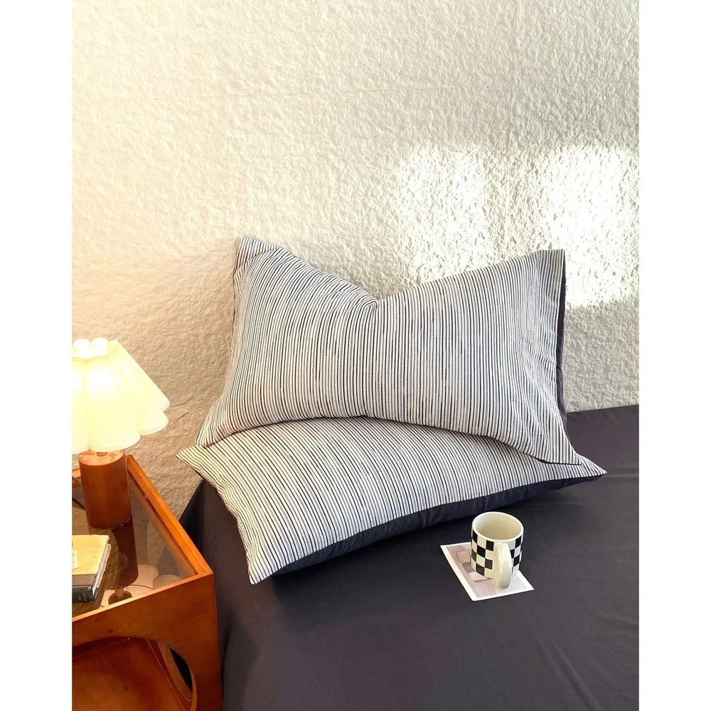 Of Joy Black White Striped Cotton Yarn dyed Jacquard Reversible Comforter Set